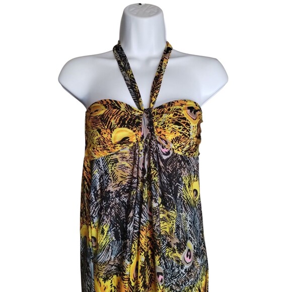 Womens Blue and Gold Peacock Feather Pattern Maxi Halter Dress Med - Picture 3 of 6